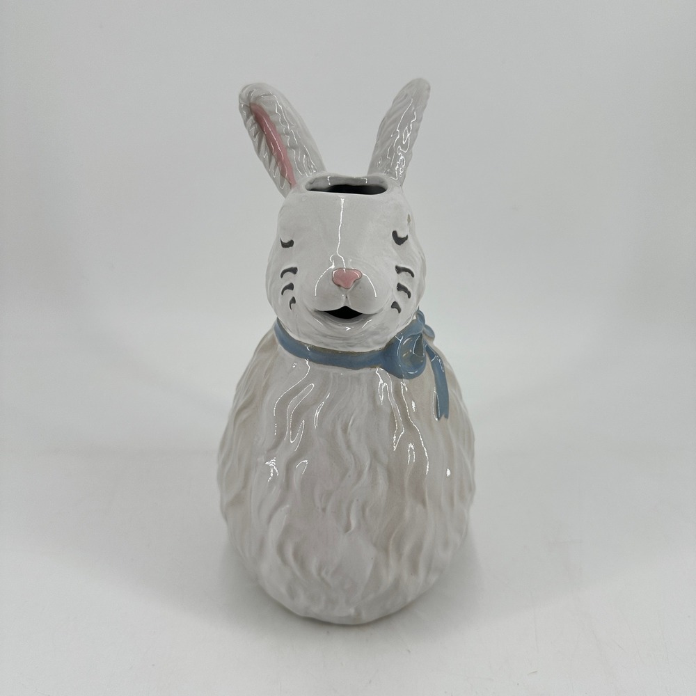 Mud Pie White Ceramic Bunny Rabbit Pitcher Blue Bow Easter Spring Decor